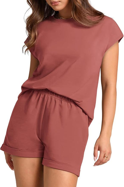 WIHOLL 2 Piece Sets for Women Casual Summer Travel Vacation Outfits Cap Sleeve Shorts Lounge Set