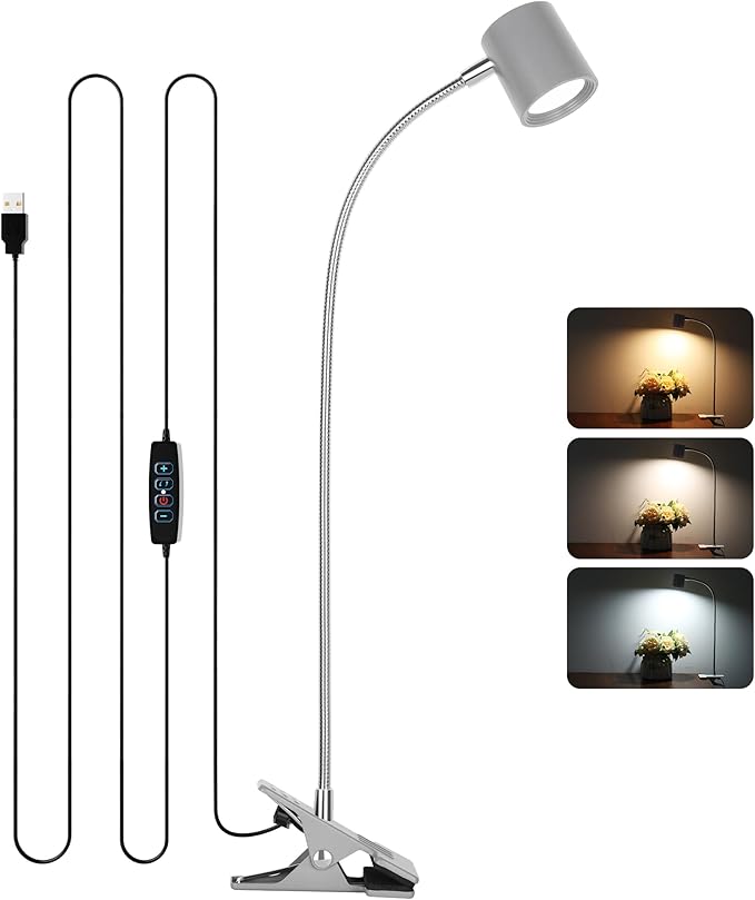 Dott Arts Desk Lamp,USB Clip On Light with 3 Color Modes,LED 10 Levels Brightness Reading Lamp, 360°Gooseneck Book Light,Eye-Care Reading Light for Home Office,Headboards Grey