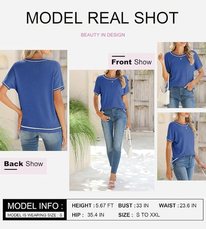 SHEWIN Womens Tops Trendy Short Sleeve Shirts Crewneck Lightweight Knit Sweater Top Business Casual Outfits