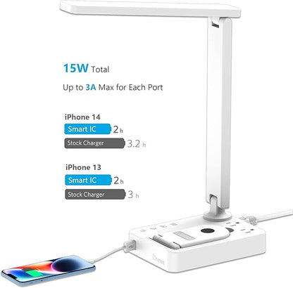 Drevet LED Desk Lamp with Wireless Charger, Desk Table Light with USB Charging Port and 2 Outlets, 3 Lighting Modes, 3 Level Brightness, 1H Timer, Touch Control, Eye-Caring Home Office Lamp, White
