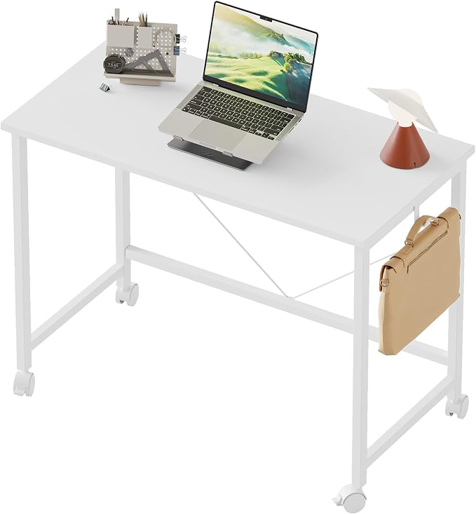 Mericonia 32x16 Inch Computer Desk with Wheels, Small Simple Rolling Desk | Writing Table for Home Office Bedroom Work Study, White