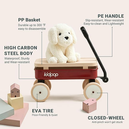 Kidpop Kids First Pull-Along Wagon with Removable Cover and Basket for Storage, 4-in-1 Push Pull Toy Cart for Toddlers, Lightweight (5.5 lbs), 1st Birthday Gift (Red)