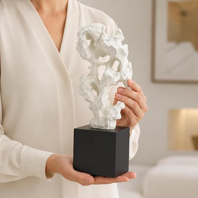 11.8" Modern Abstract Sculpture | Stone Home Decor, Resin White and Black Art Statues for Living Room, Coffee Table Centerpiece, TV Stand Shelf Bookshelf Decor