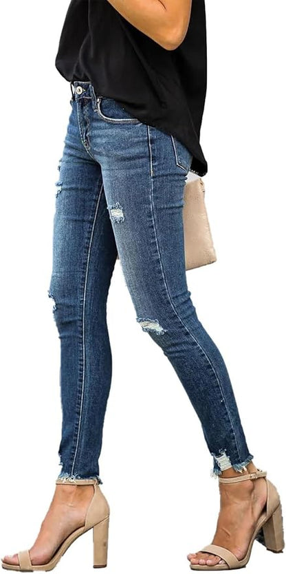KUNMI Women's Skinny Ripped Trendy Jeans Distressed Stretchy Denim Pants