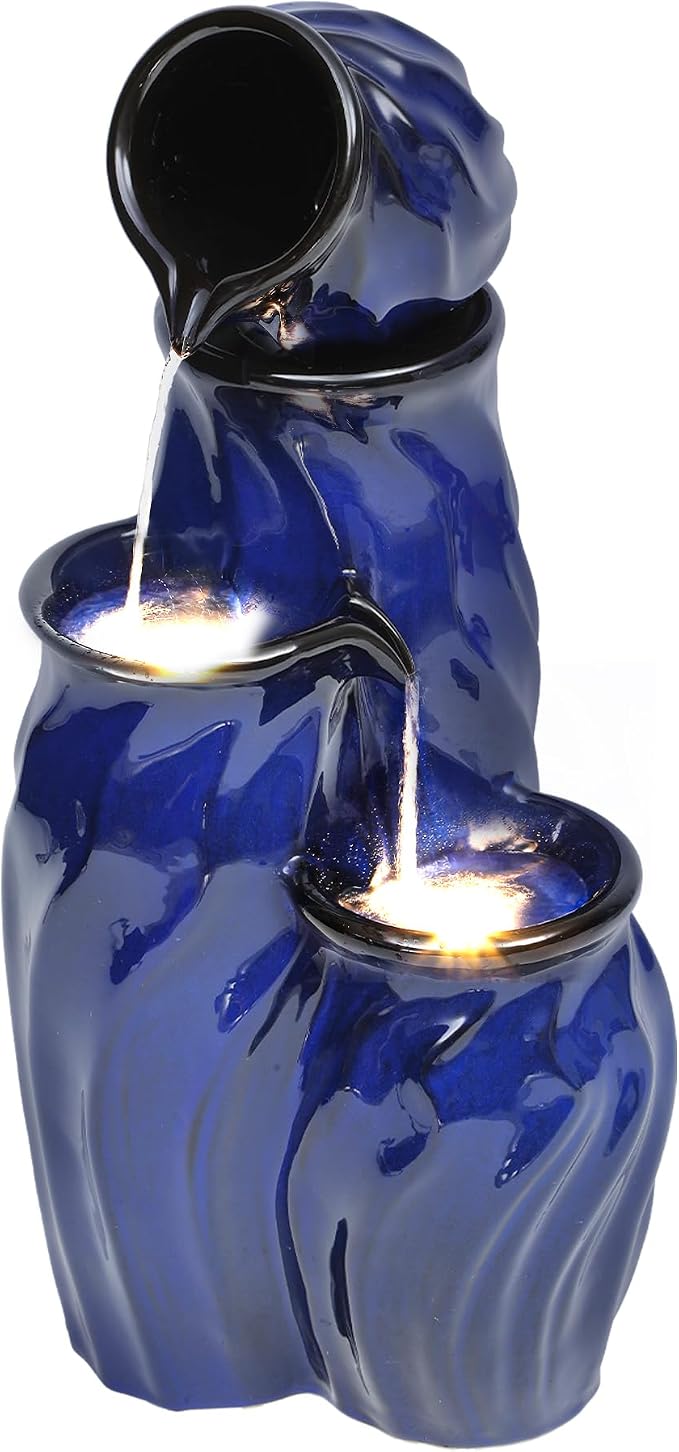 29" Ceramic Water Fountain Outdoor, 4-Tier Dynamic Wavy Design, LED | Outdoor Fountain with Artistic Cobalt Blue Glaze, Decorative Water Feature, Cascading Waterfalls for Serene Garden Patio Yard