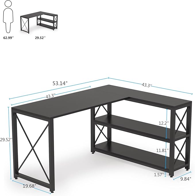 Tribesigns Reversible Industrial L-Shaped Desk with Storage Shelves, Corner Computer Desk PC Laptop Study Table Workstation for Home Office Small Space (Black, 53")
