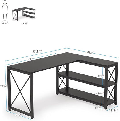 Tribesigns Reversible Industrial L-Shaped Desk with Storage Shelves, Corner Computer Desk PC Laptop Study Table Workstation for Home Office Small Space (Black, 53")