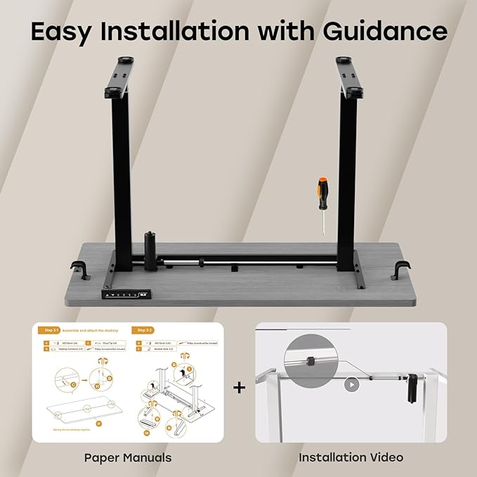 Grey Standing Desk, 48 X 24 Inch Adjustable Height Electric Desk, Sit Stand Desk with 2 Hooks, Ergonomic Rising Desk with Splice Board