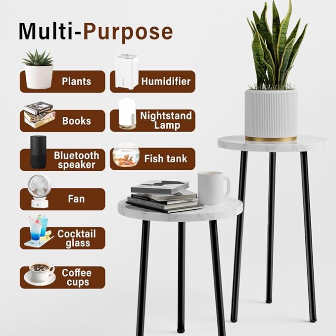 Plant Stand Indoor Tall: Corner Wood Plant Stand 2 Pack Mid Century Modern Decor - Small Round Plant Table for Indoor Plants - Outdoor Plant Holder for Patio Living Room Bathroom Office (White Marble)