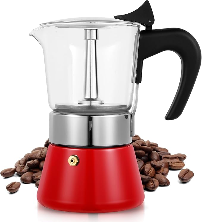 6 Cup 300ml Glass Moka Pot, Stovetop Espresso Maker, Red | Crystal Glass-top & Stainless Steel Coffee Maker, Induction Compatible, for Greca de Cafe, Cuban and Italian Coffee Brewing