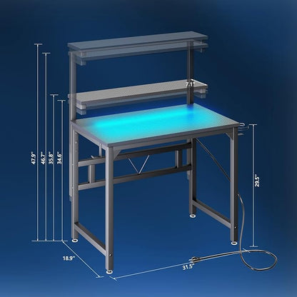 Gaming Desk with Power Outlets & LED Strip Lights,80CM Industrial Writing Desk with Adjustable Monitor Stand, Cupholder and Headphone Hook for Home Office Black