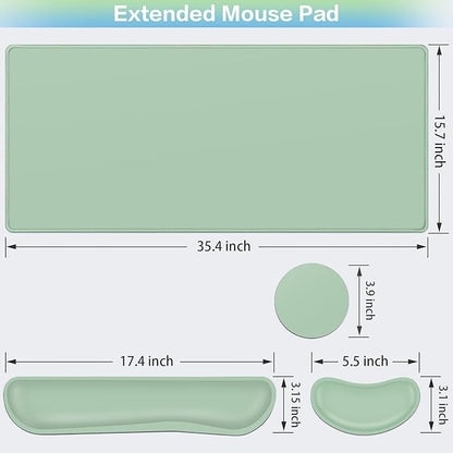 Desk Mat Green, Large Gaming Mouse Pad with Wrist Rest, 4in1 XXL Mousepad+Keyboard Wrist Rest+Mouse Pad Wrist Support+Cup Coaster Set Ergonomic Computer Desk Arm Wrist for Decor Home Office Women