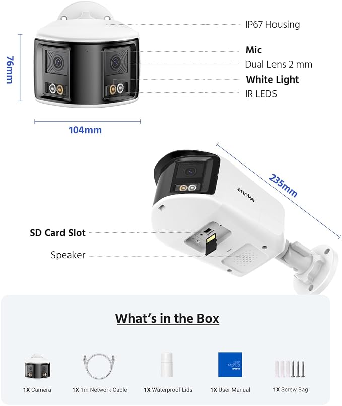 ANNKE FCD800 4K 8MP Dual-Lens PoE Security Camera, 180°Panoramic View, Smart Light Color Night Vision, Two-Way Audio, Light&Sound Alarm, AI Human/Vehicle Motion Detection, IP67 Weatherproof