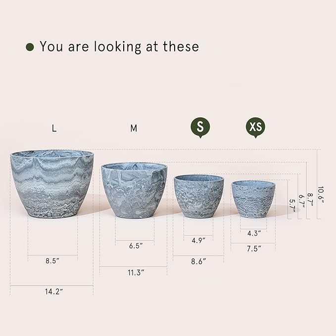 LA JOLIE MUSE Flower Pots Outdoor Garden Planters, Indoor Plant Pots with Drainage Holes, Plastic, Marble Pattern Grey, Set 2 (8.6 + 7.5 Inch)