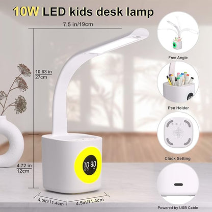 YOUKOYI LED Desk Lamp with Clock, Kids Desk Lamp, 10W Dimmable Study Lamp with Pen Holder, 4 Lighting Modes&5 Brightness Level with Color Changing Nightlight, Desk Lamps for Home Office, Gift for Kids