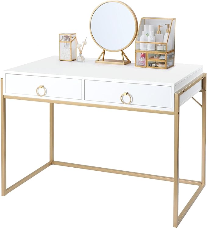 Anmytek Home Office Writing Desk 2 Drawers Storage, Contemporary Makeup Vanity Table Study Desk, W/Matte White and Gold Finish Frame D0003