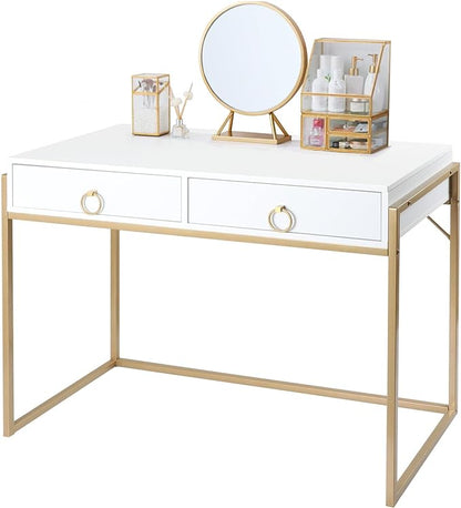 Anmytek Home Office Writing Desk 2 Drawers Storage, Contemporary Makeup Vanity Table Study Desk, W/Matte White and Gold Finish Frame D0003