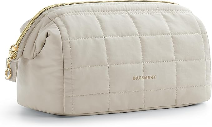 BAGSMART Makeup Bag Travel Toiletry Bag, Wide-open Zipper Pouch, Beige | Puffy Padded, Travel Essentials, Make Up Bag, For Women, Makeup Organizer, Toiletries Accessories Brushes