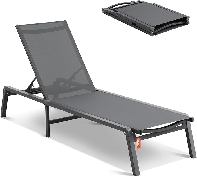 VEVOR Chaise Lounge Chair Outdoor, Aluminum Patio Lounge Chairs with Adjustable 5-Position, Folding Pool Chair Recliner and Full Flat Tanning Chairs for Patio, Beach, Pool, Dark Grey