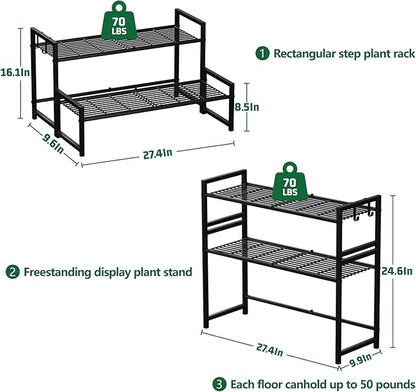 Garden 4 you 2 Tier Metal Plant Stand Outdoor Indoor Waterproof, Stackable Heavy Duty Tall Plant Shelf Flower Pot Holder for Garden, Display Rack, Black