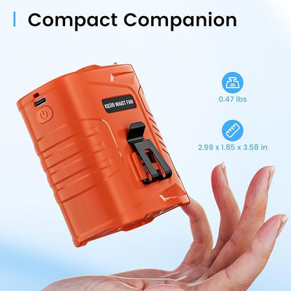 KIBEE Waist Clip Fan with LED Light, 5 Speeds 12500RPM, Up to 29H Runtime, Rechargeable Hands-Free Fan for Outdoor Work & Hiking