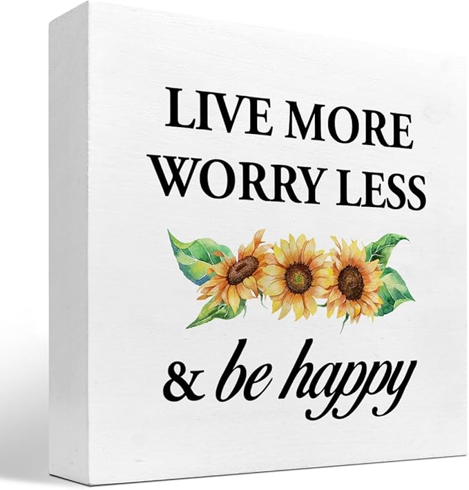 Live More Worry Less and Be Happy Sunflower Wood Block Sign Desk Decor,Rustic Inspirational Wooden Box Plaque Sign Desk Decor for Home Bedroom Living Room Office Shelf Table Decorations