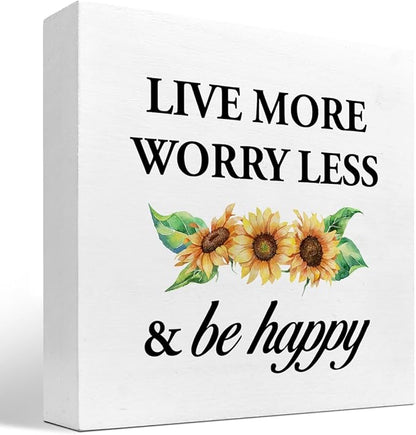 Live More Worry Less and Be Happy Sunflower Wood Block Sign Desk Decor,Rustic Inspirational Wooden Box Plaque Sign Desk Decor for Home Bedroom Living Room Office Shelf Table Decorations