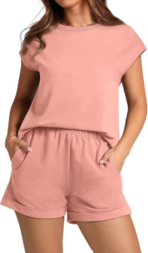 WIHOLL 2 Piece Sets for Women Casual Summer Travel Vacation Outfits Cap Sleeve Shorts Lounge Set