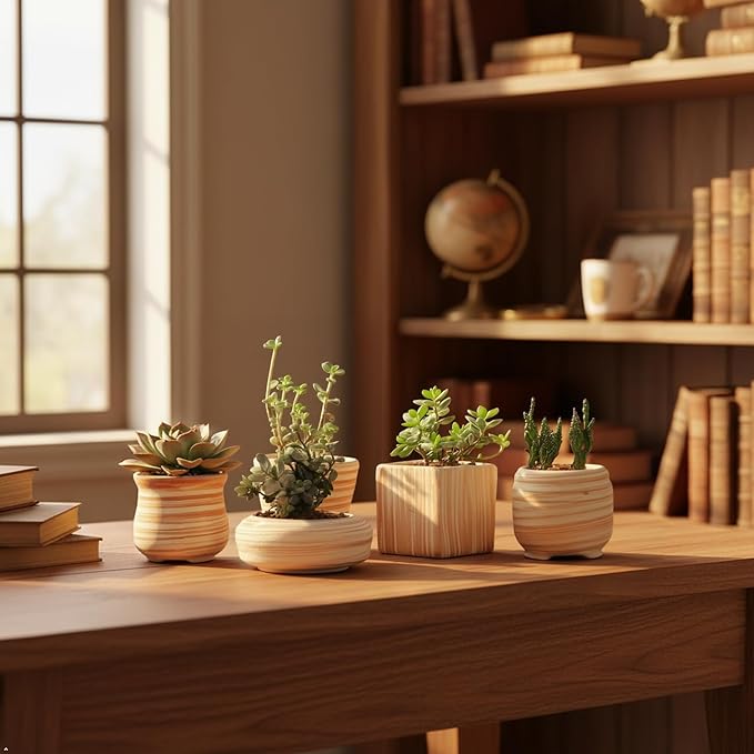 Sun-E 6 in Set 7.6 cm Ceramic Wooden Pattern Succulent Plant Pot Cactus Plant Pot Flower Pot Container Planter Gift Idea