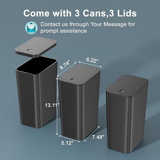N. NETDOT 3 Pack 10 Liter Small Trash Can with lid, 2.6 Gallon,Garbage Can Slim Trash Bin Waste Basket for Bathroom,Kitchen,Bedroom,Living Room,Office,Laundry - Black