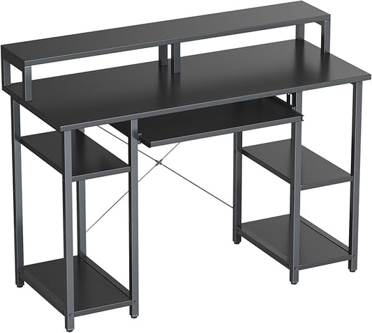BANTI 47 Inch Computer Desk with Storage Shelves Monitor Stand Keyboard Tray, Home Office Desk, Study Writing Table, Black