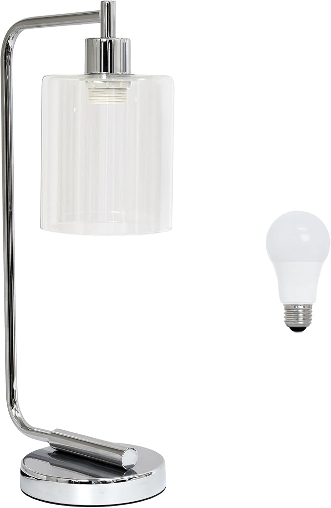 Simple Designs LD1036-CHR-LB 18.8" Industrial Bronson Antique Style Iron Lantern Desk Table Lamp with Glass Shade for Home Décor, Office, Living Room, Bedroom, Chrome, with Feit LED Bulb Included