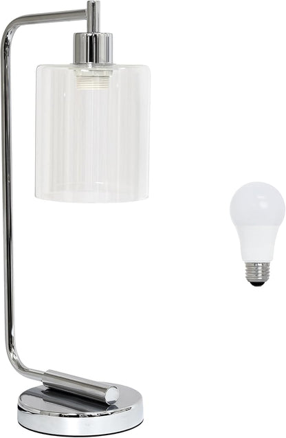 Simple Designs LD1036-CHR-LB 18.8" Industrial Bronson Antique Style Iron Lantern Desk Table Lamp with Glass Shade for Home Décor, Office, Living Room, Bedroom, Chrome, with Feit LED Bulb Included