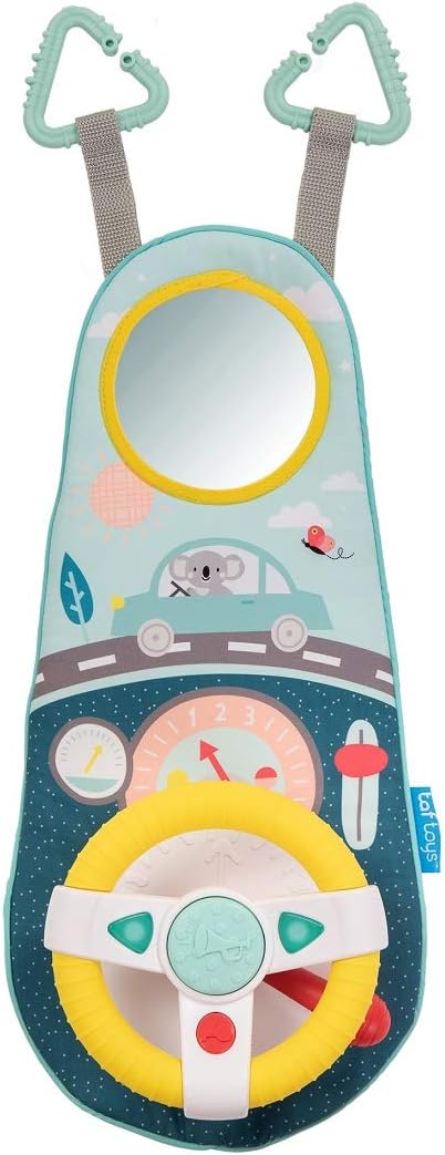 Baby Car Seat Toys for Infants with Mirror, Carseat Toys Steering Wheel with Music Lights & Driving Sounds Car Seat Toy for Babies 6 to 12 Months