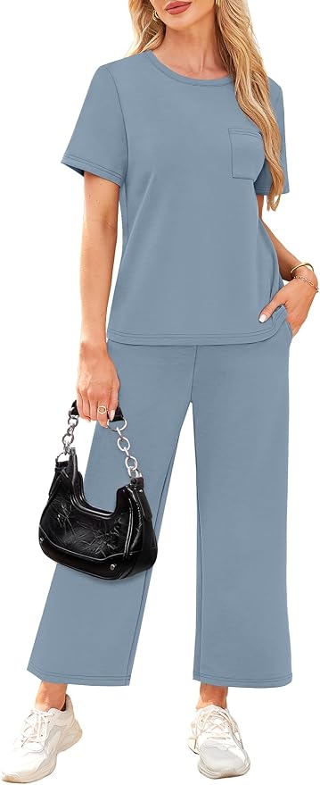 WIHOLL 2 Piece Sets for Women Casual Summer Travel Vacation Outfits Short Sleeve Wide Leg Crop Pants Lounge Sets