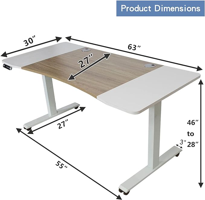 Dual Motor Electric Standing Desk - 63 x 30 Inch Adjustable Height Sit Stand Computer Desk with Splice Board, Stand Up Desk Table for Home Office, White Frame/Oak and White Top(with Radian)