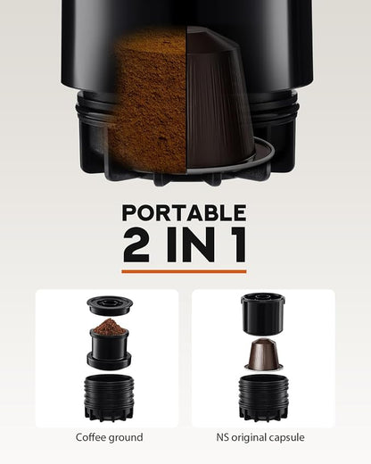Portable Coffee Maker for Travel & Camping, Travel Lightweight Coffee Machines, Manually Operated, Compatible with Ground Coffee & NS Capsule Black (2Pcs)