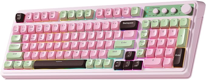 AULA Keyboard, Wireless Gaming Keyboard Creamy Bluetooth Computer Keyboards | 99 Key, Membrane Keyboard with Number Pad,RGB Backlit,Tri-Mode BT/2.4GHz/USB-C,Pink&Green&Coffee Color