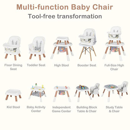 INFANS 9 in 1 High Chair, Convertible Baby Highchair for Babies and Toddlers, Table and Chair Set Building Block Infant Dining Booster Seat, Kids Stool with Activity Children Play Kitchen (Beige)