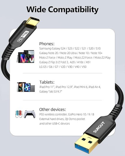SUNGUY 10Gbps Android Auto USB C Cable,3A USB 3.1 Gen 2 Fast Charge & Data Transfer CarPlay Cable, for iPhone 17/16/15 Pro Max, Samsung T7, Galaxy S23 S22 Ultra Note 20, SSD- Black 4FT [2-Pack]