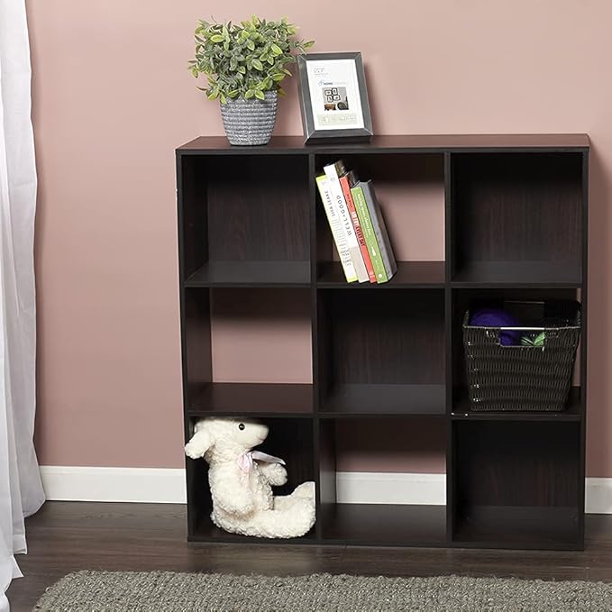 Home Basics 9-Cube Storage Organizer with 11" Shelf Opening Espresso MDF Bookcase and Display Shelf | Open and Closed Back Combination | Horizontal or Vertical Orientation