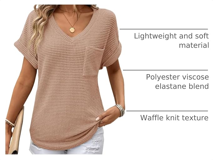 Dokotoo Womens Waffle Knit Tops 2026 Spring Summer V Neck Shirts Casual Trendy Women's Blouses Basic Tee