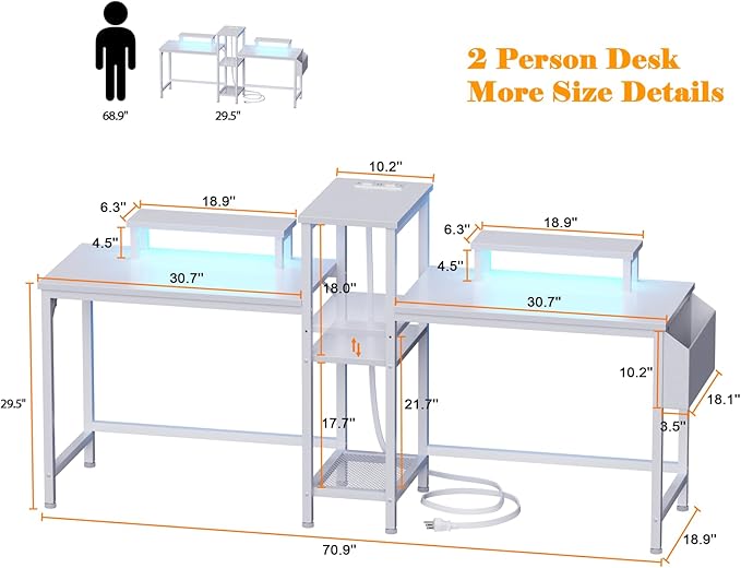 Furologee 2 Person Gaming Desk with LED Lights, 71 Inch Computer Desk with Power Outlets and Monitor Stand, Double Desk with Storage Bag and Headphone Hooks, Study Writing Table for Home Office, White