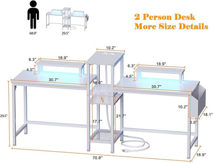 Furologee 2 Person Gaming Desk with LED Lights, 71 Inch Computer Desk with Power Outlets and Monitor Stand, Double Desk with Storage Bag and Headphone Hooks, Study Writing Table for Home Office, White