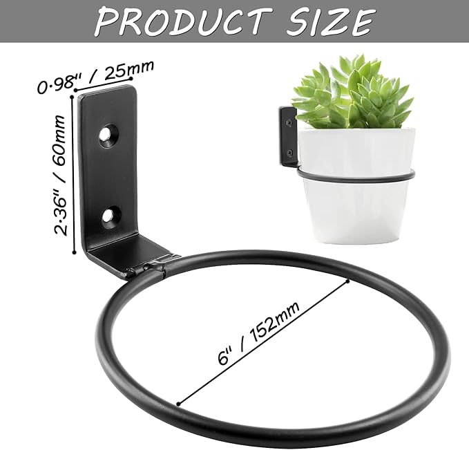 2 Pack 6 inch Flower Pot Holder Ring, Flower Pot Holder Ring Wall Mounted Set Wall Mounted Metal Planter Hanger Matte Black Hanging Plant Holder
