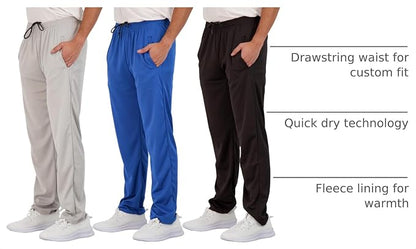 3 Pack Men's Mesh Open Bottom Sweatpants Active Athletic Workout Gym Pocket | Available in Big & Tall, Uncuffed, Elastic Waistband, Drawstring, Straight Leg, Running, Jogging, Exercise, Training, Sports