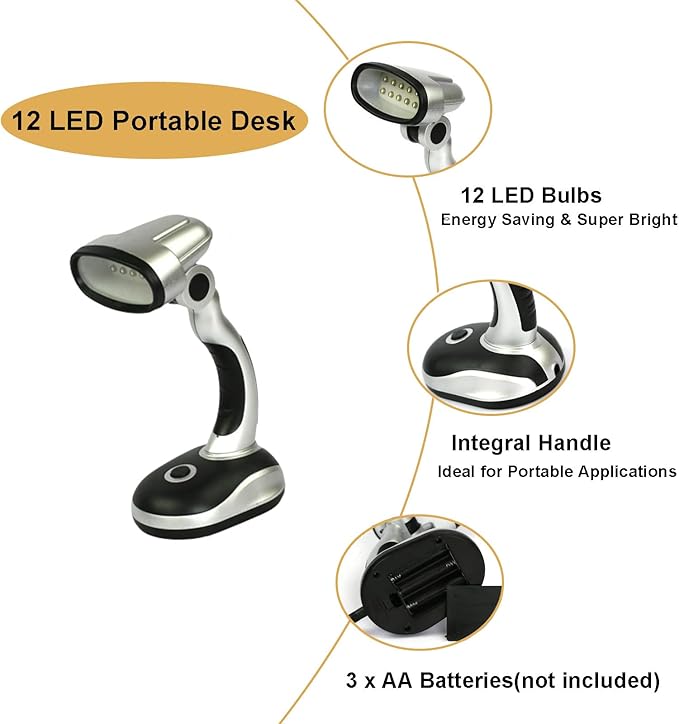 Led Desk Lamp, 12 LED Portable Desk Lamp Powered Battery Table Light, Computer Bedside Table Camping Light, Bright Battery Operated Desk Lamp Work Reading Light (Black Silver)