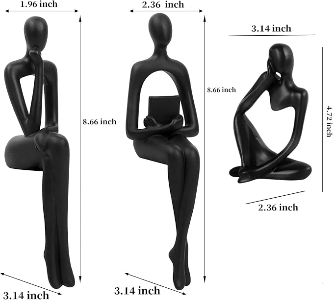 Prettidecor Home Decor Thinker Statue Accents, Set of 3 Thinker Sculptures Office Decor Modern Abstract Resin Decoration on Shelf Table Desk for Living Room Office Bedroom (Black, Large)