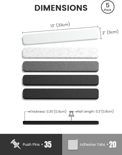 Fluxynara 13" x 2" Felt Wall Panels, Concrete Echo | 5-Pack Cork Board Alternative with 35 Push Pins, Adhesive Mounting for Bedroom Door or Home Office
