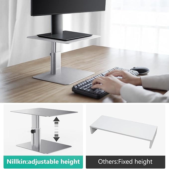 Nillkin Monitor Stand for Desk, Adjustable Height Computer Monitor Stand | Ergonomic Aluminum Computer Stand for Desktop | iMac, Studio Display XDR, Dell, HP, Lenovo, Other Screen Display | Silver